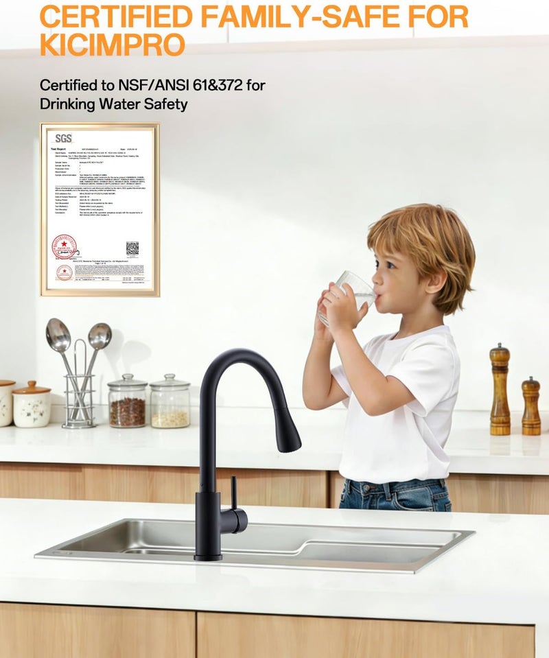 kicimpro Matte Black Kitchen Faucet with Pull Down Sprayer, 304 Stainless Steel, 23-Inch Extended Hose Design, Three Water Functional Ways, Easy Installation - Image 2